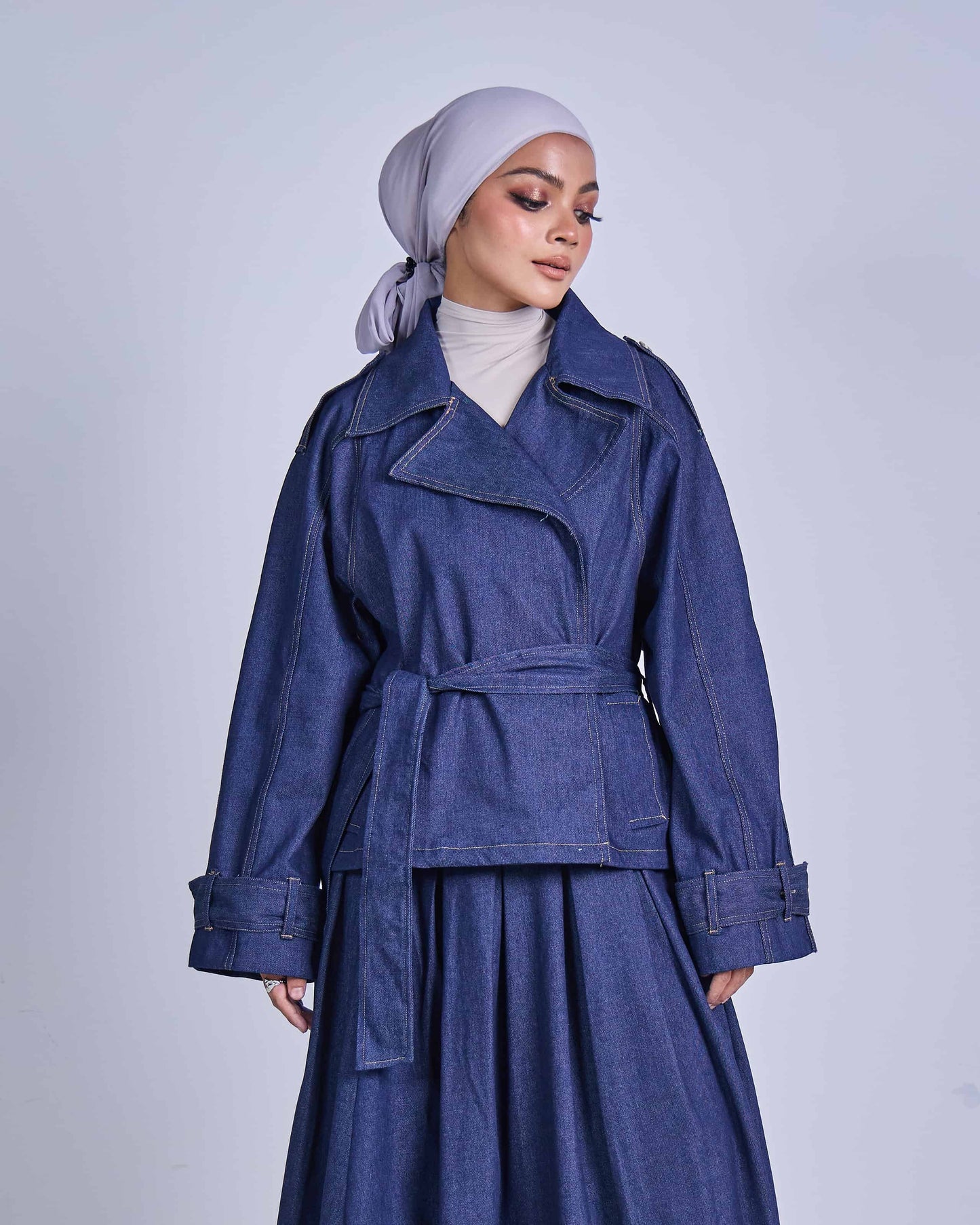 ELLIE DENIM BELTED JACKET (DARK BLUE)