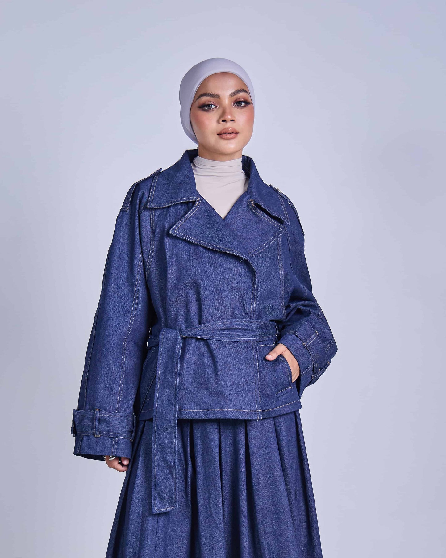 ELLIE DENIM BELTED JACKET (DARK BLUE)