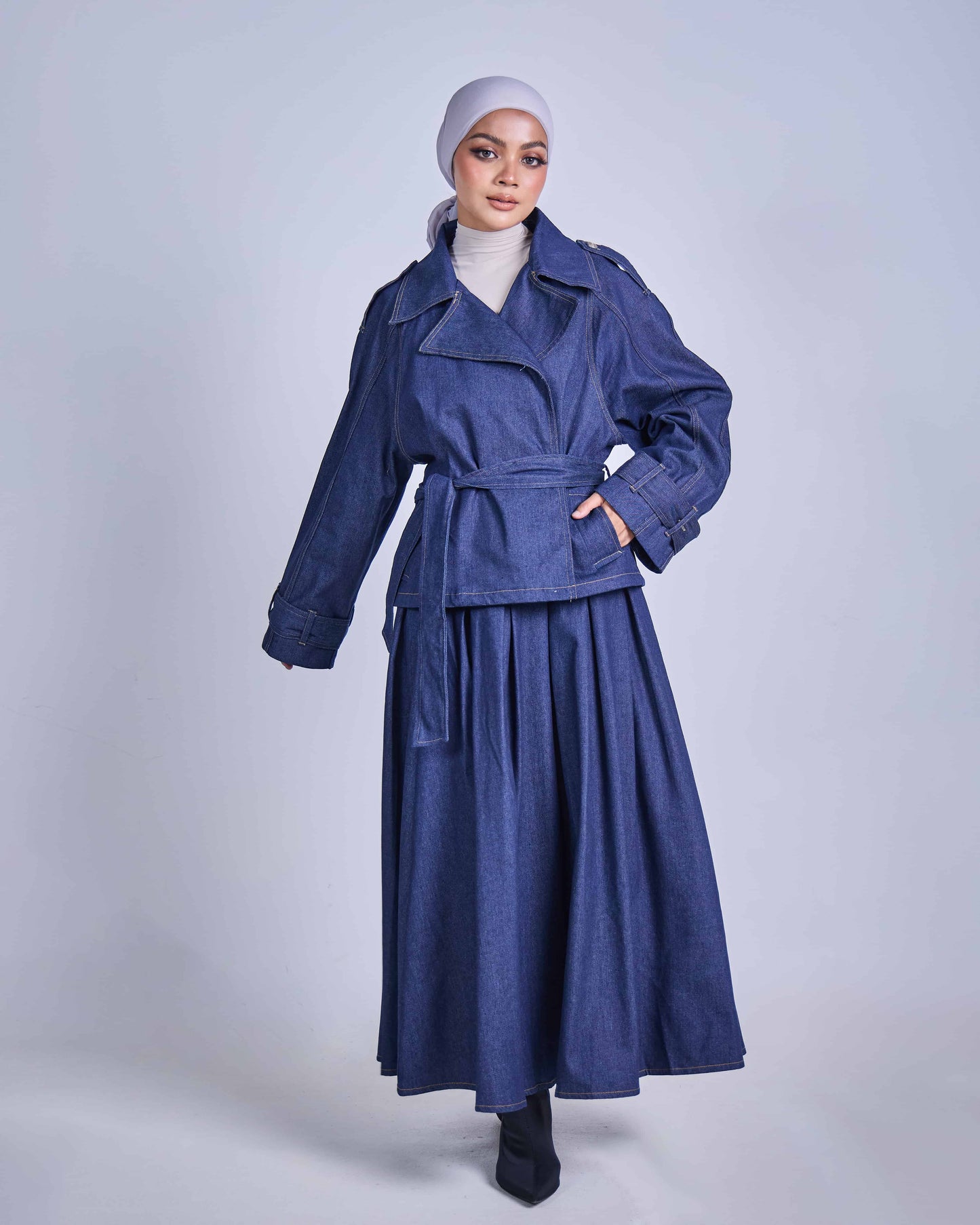 ELLIE DENIM BELTED JACKET (DARK BLUE)