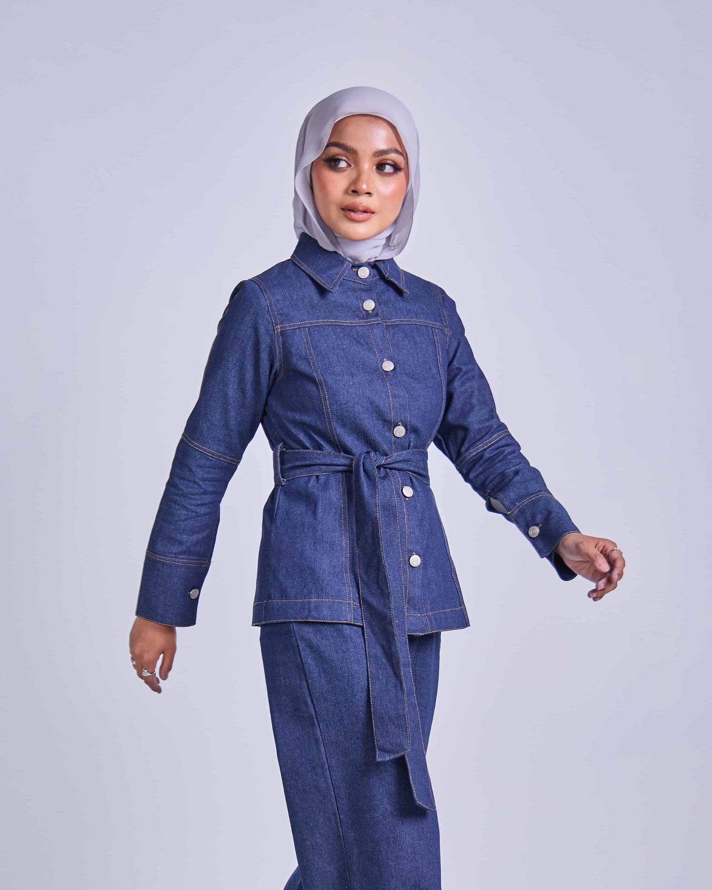 FEYRA DENIM BELTED JACKET (DARK BLUE)