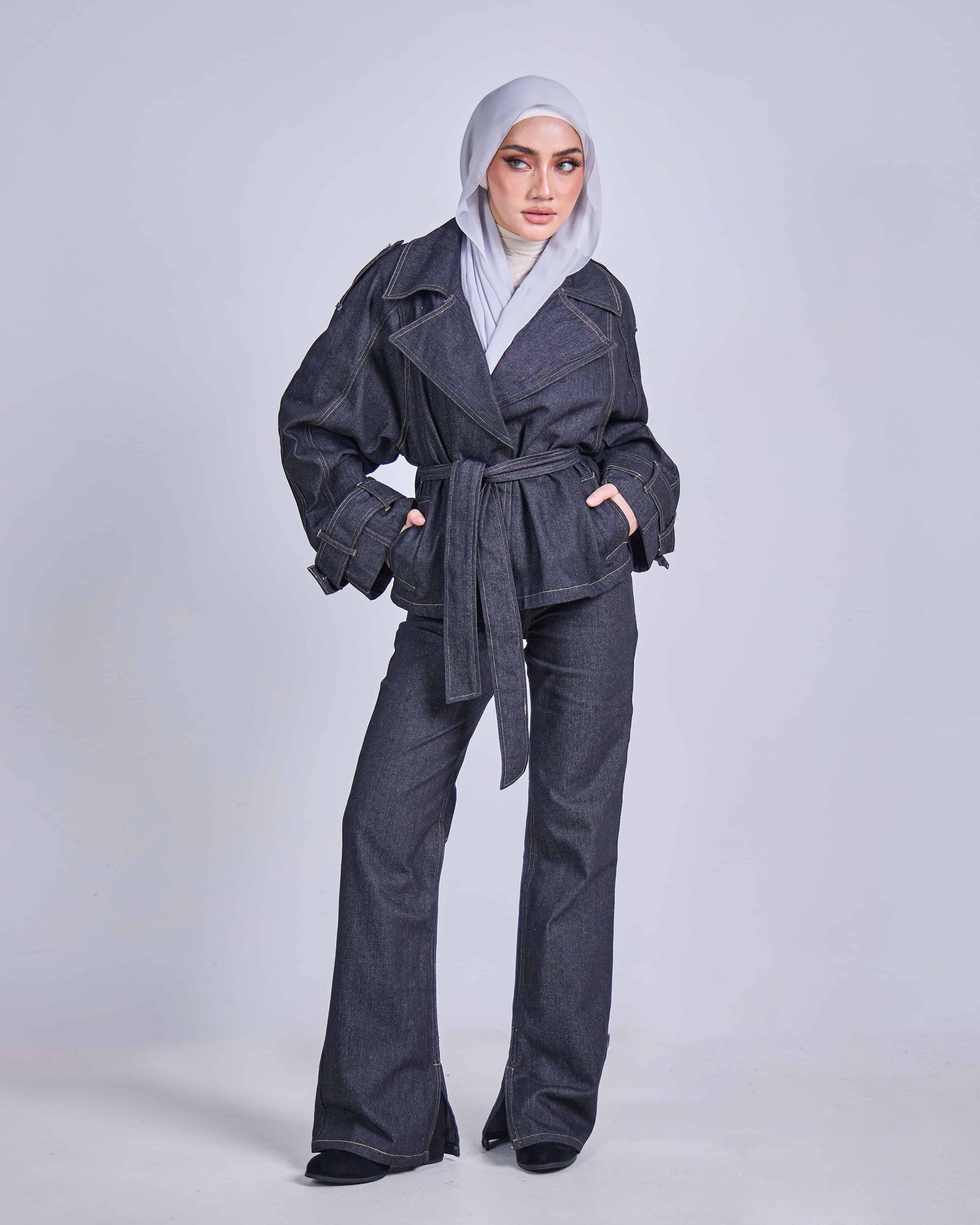 ELLIE DENIM BELTED JACKET (BLACK)