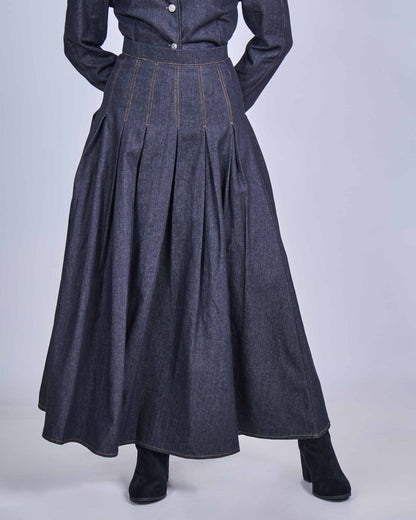 ELRA DENIM PLEATED SKIRT (BLACK)