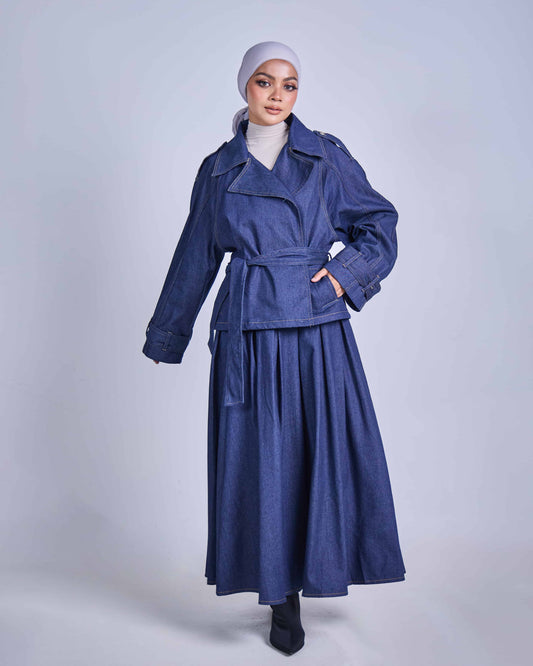 ELLIE DENIM BELTED JACKET (DARK BLUE)