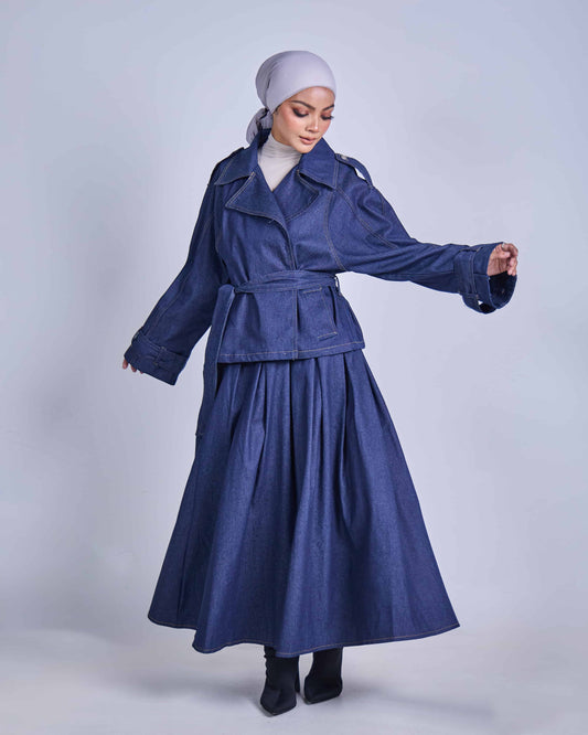 ELRA DENIM PLEATED SKIRT (DARK BLUE)