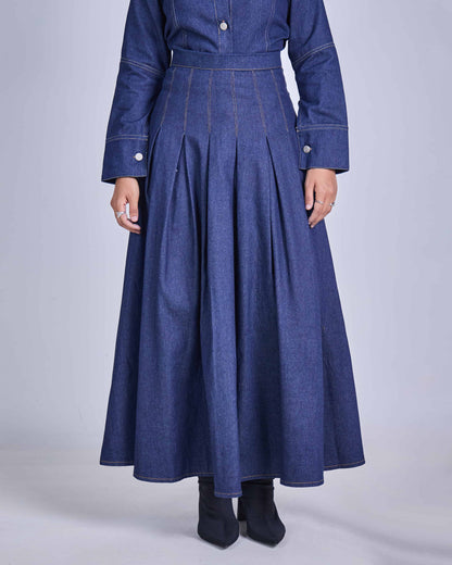 ELRA DENIM PLEATED SKIRT (DARK BLUE)