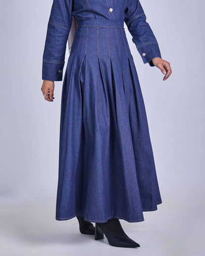ELRA DENIM PLEATED SKIRT (DARK BLUE)