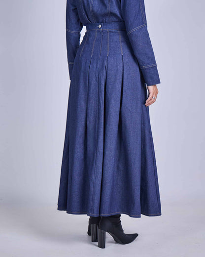 ELRA DENIM PLEATED SKIRT (DARK BLUE)
