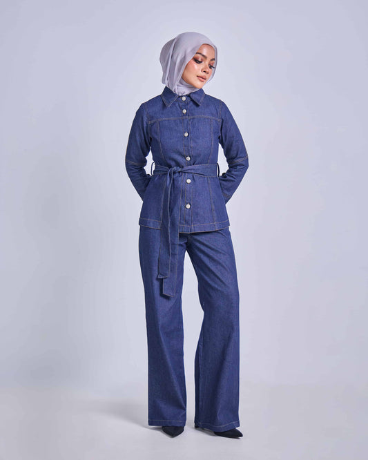 FEYRA DENIM BELTED JACKET (DARK BLUE)