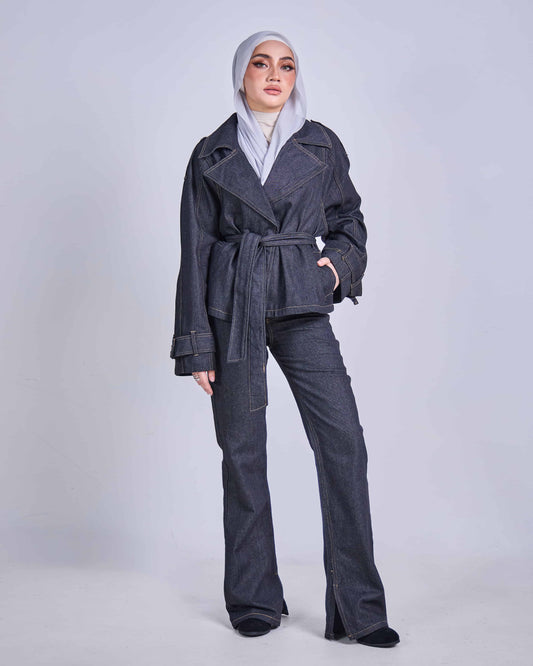 ELLIE DENIM BELTED JACKET (BLACK)