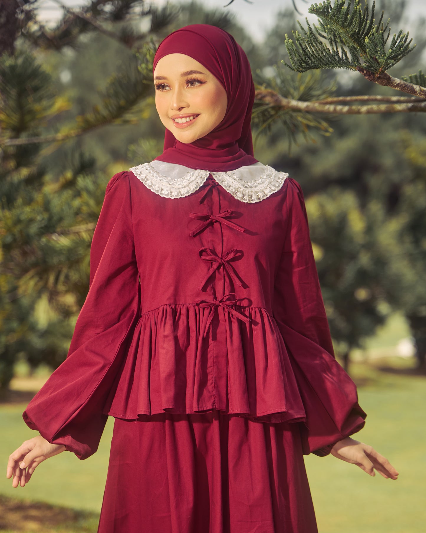 AIRY BOW-TIE DRESS (BURGUNDY)