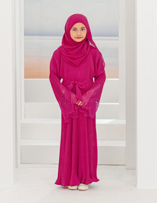 ALEENA PLEATED ABAYA FOR KIDS (FUCHSIA)