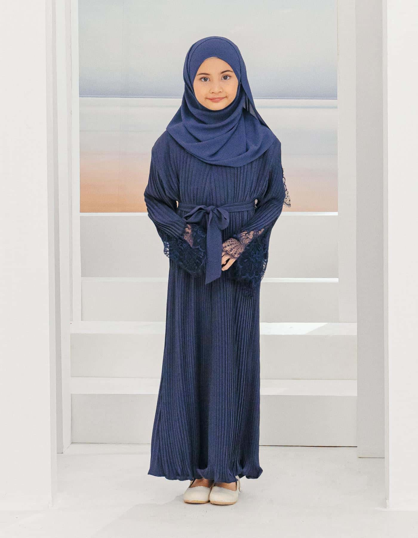 ALEENA PLEATED ABAYA FOR KIDS (NAVY BLUE)