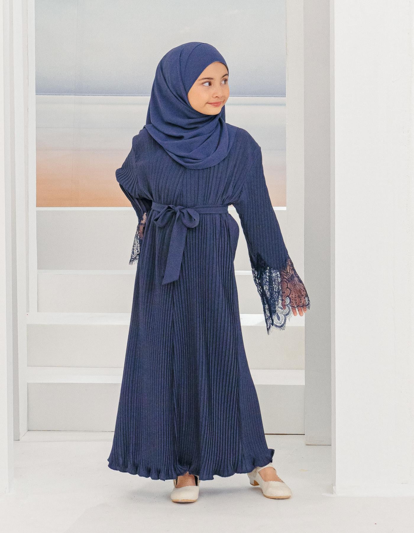 ALEENA PLEATED ABAYA FOR KIDS (NAVY BLUE)