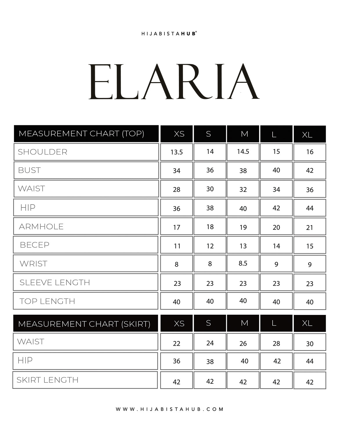 ELARIA KURUNG (CHAMPAGNE) size chart