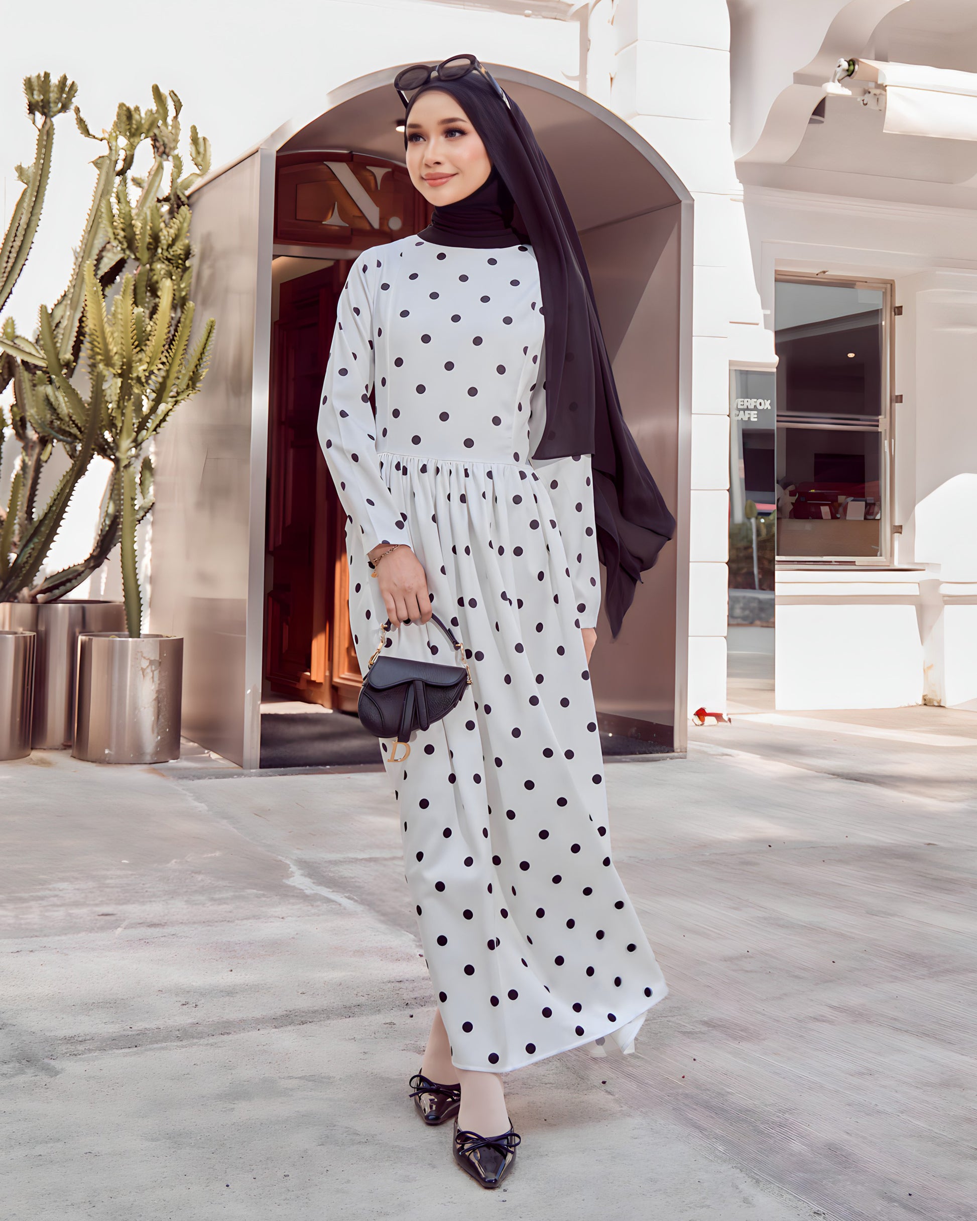 A-LINE POLKA DRESS (BLACK DOT) Hijabistahub A-LINE POLKA DRESS (BLACK DOT) Hijabistahub