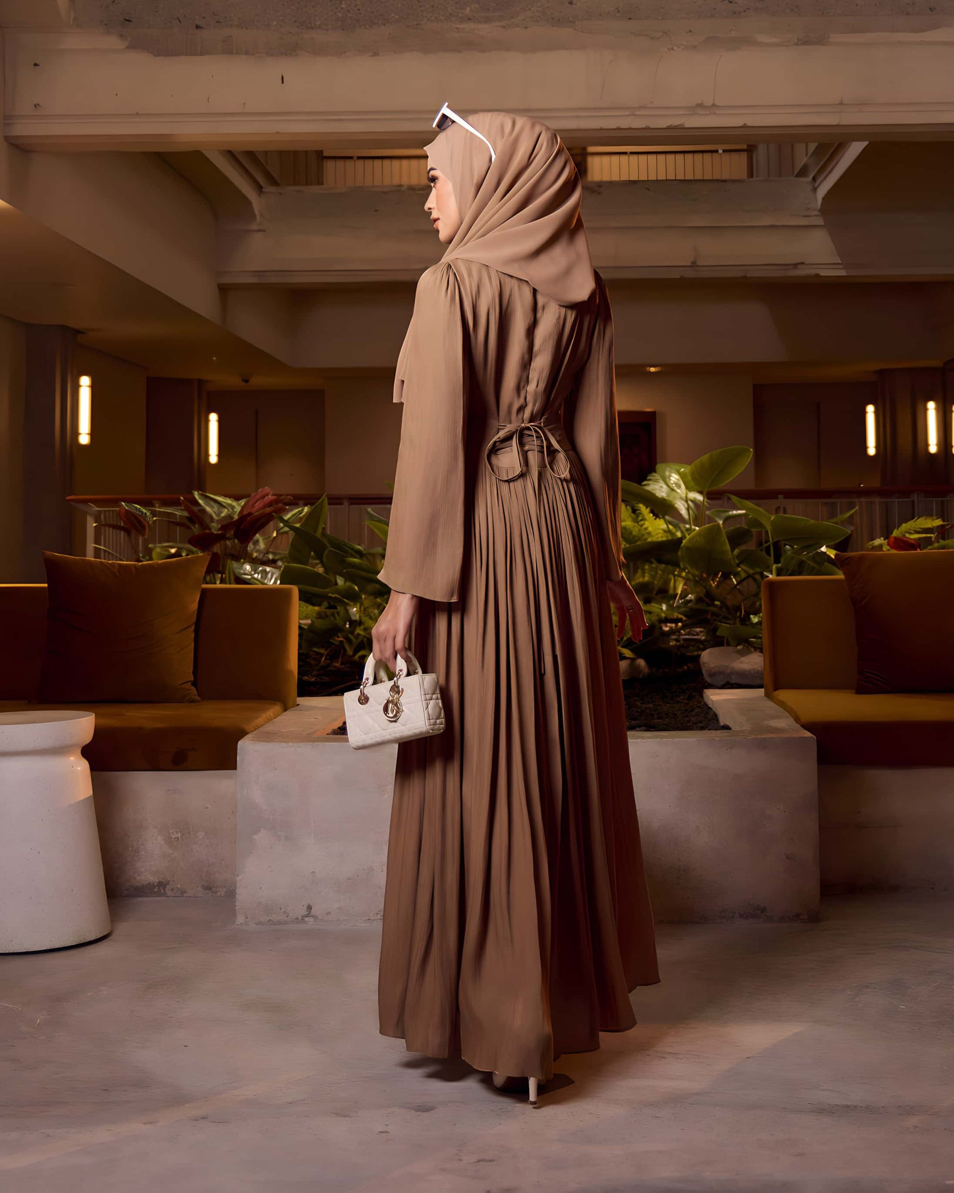 pleated dress hijab pleated to perfection // @zynebb___ in our amelie pleated dress + georgette hijab in chai #veiledcollection