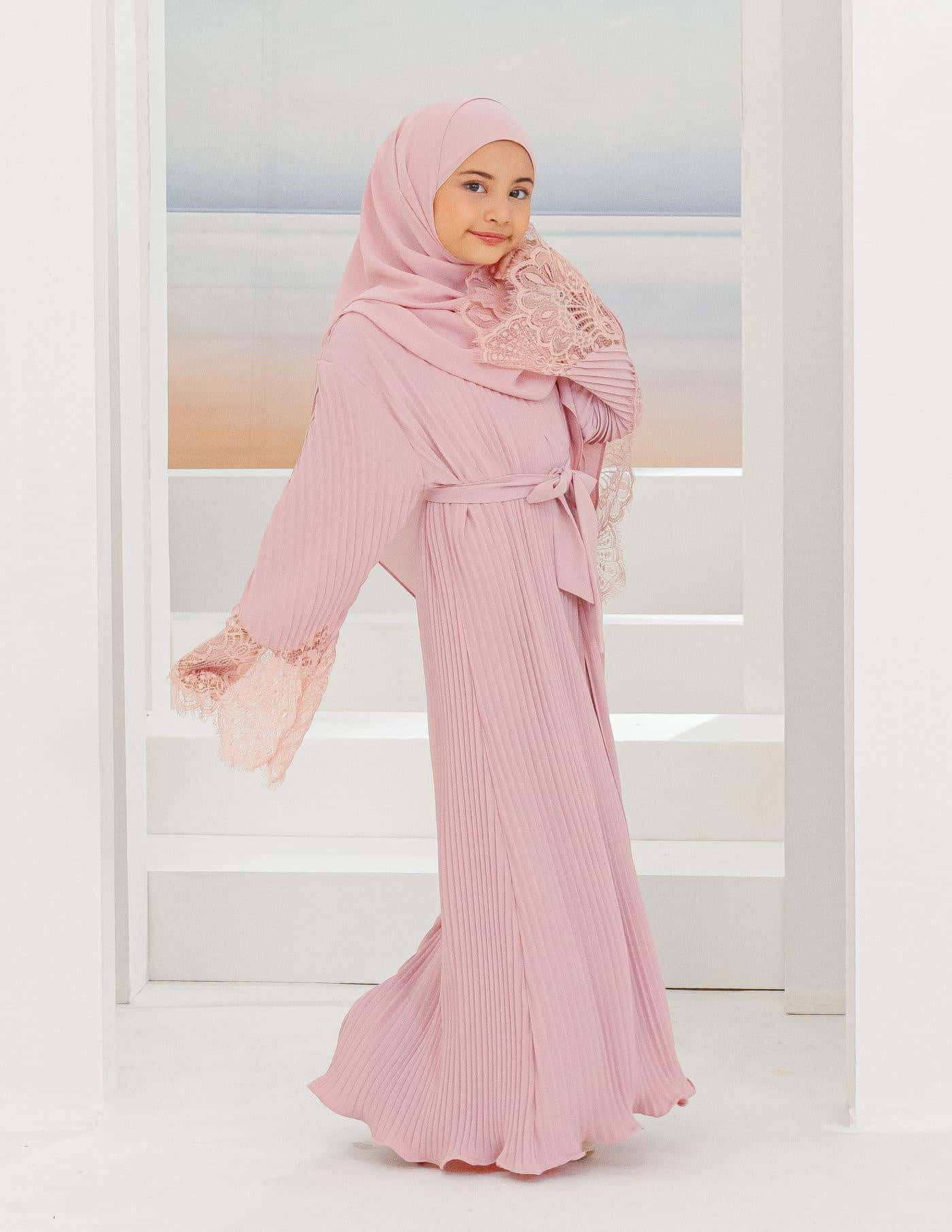 ALEENA PLEATED ABAYA FOR KIDS (DUSTY PINK)