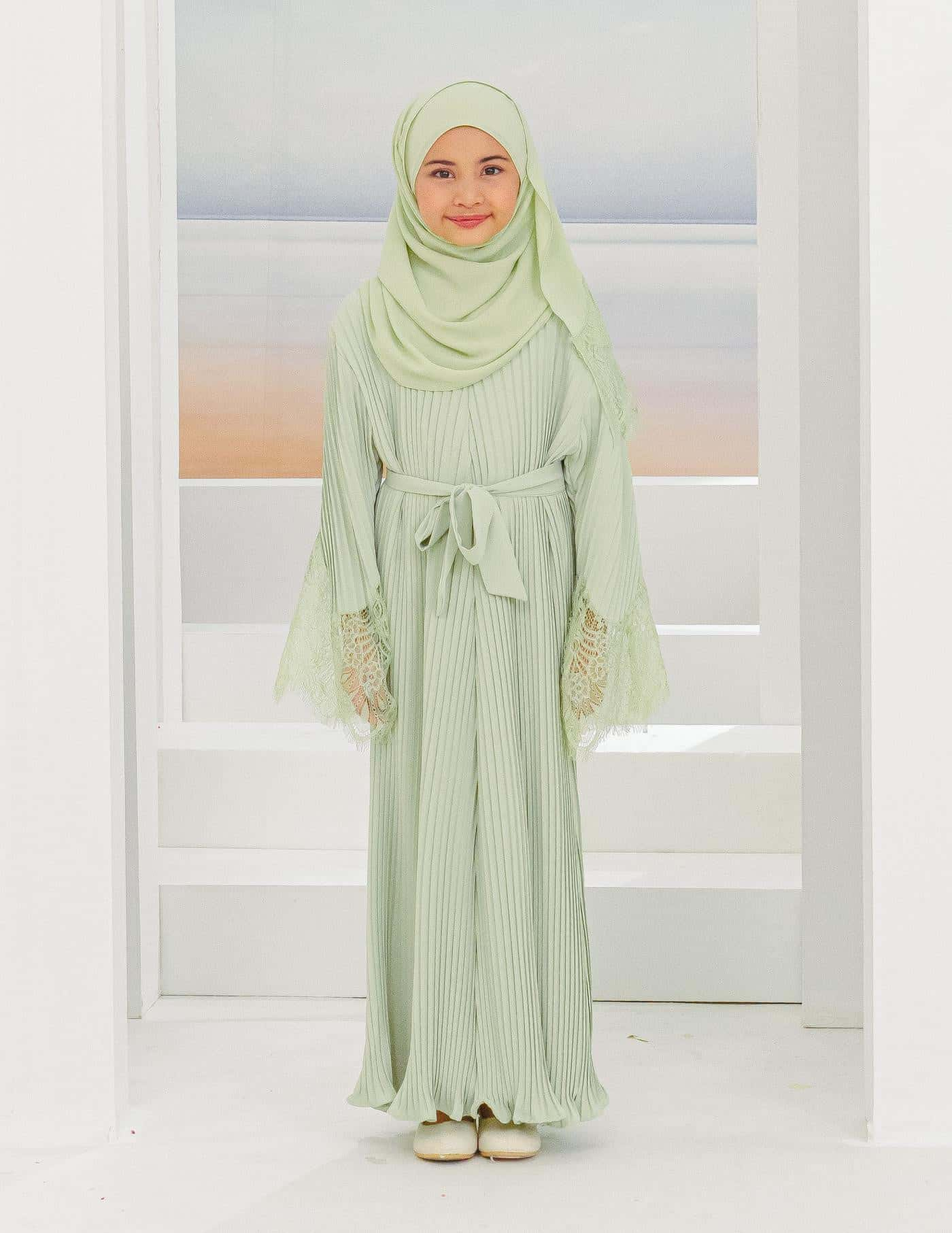 ALEENA PLEATED ABAYA FOR KIDS (GREEN TEA)