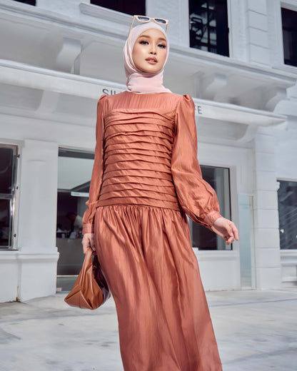 PLAIN RUCHED DRESS (BURNT ORANGE)